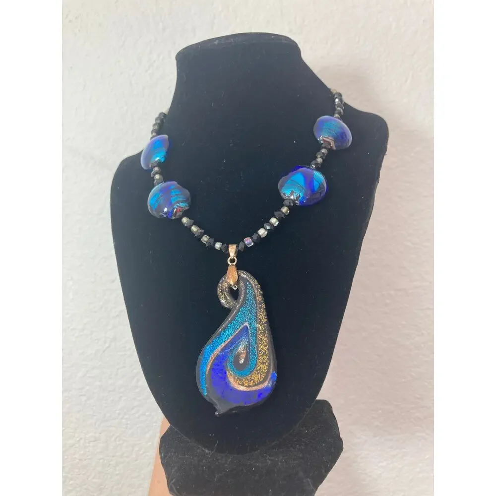 Artisan Handcrafted Art Glass Blue Gold Beaded Necklace Pendant Earring Set
